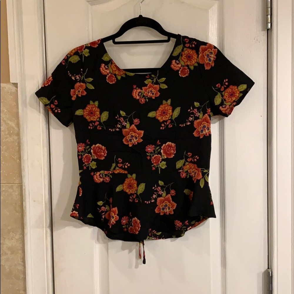Black Floral Lace-up Back Peplum Top